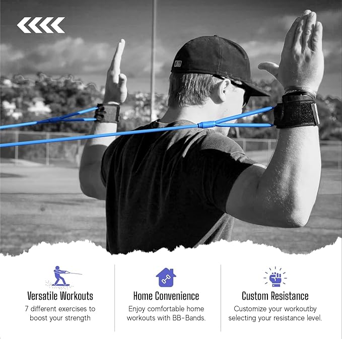 BB Bands Baseball Softball Resistance Training Bands - Arm Strength, Pitching Conditioning Equipment, 3 Strengths (Youth, Adult, Heavy), 7 Colors, Includes Anchor Strap, Door Mount, Bag, Workout Guide - Bloomnest