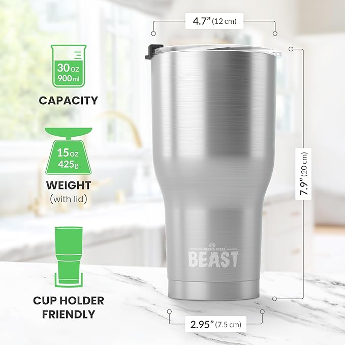 Beast 30 oz Tumbler Stainless Steel Vacuum Insulated Coffee Ice Cup Double Wall Travel Flask (Stainless Steel) - Bloomnest