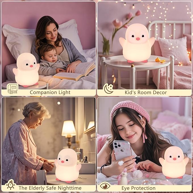 Pink Penguin Night Light,Food Grade Soft Silicone Nursery Nightlight for Baby,LED Squishy Novelty Animal Bedside Lamp,Rechargeable/Dimmable/Timer,Funny Gifts for Kids Girls Adults Teens - Bloomnest
