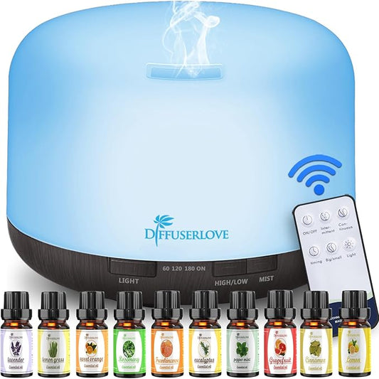Diffuserlove Essential Oil Diffuser 500ML Aromatherapy Diffuser Mist Humidifiers 7 Color LED Lights Diffusers for Home Office Bedroom (Size:6.7" L x 6.7" W x 4.7" H) - Bloomnest
