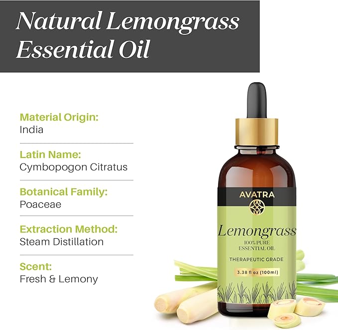 Avatra Lemongrass Essential Oil 100ML (3.38 OZ) with Glass Dropper and Travel Bottle, Pure and Natural Therapeutic Grade Lemongrass Oil for Diffuser, Aromatherapy, Massage, and DIY Candle Products - Bloomnest
