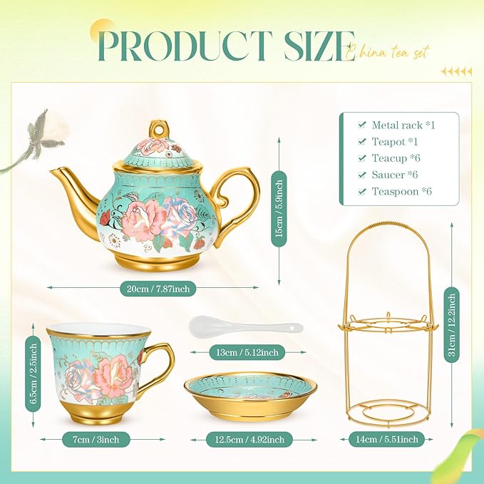 20 Pcs Porcelain Tea Set for Adults with Metal Holder and Spoon European Ceramic Tea Party Set Flower Painting Teapot Cup Saucer for Christmas Women Gifts, Serving 6 People(Modern) - Bloomnest