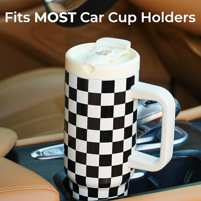 ProTour 100% Leakproof 40 oz Tumbler with Handle & 4-in-1 SipSwig Lid | Built-In Flip Straw & External Stainless Steel Straw | Insulated Stainless Steel Cup | BPA-Free | Black & White Checkered - Bloomnest