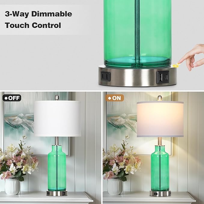 26.5" Coastal Green Glass Table Lamps Set of 2, 3-Way Dimmable Touch Control Bedside Lamps with USB Ports and AC Outlet, Teal Nightstand Lamps for Bedroom Living Room - Bloomnest