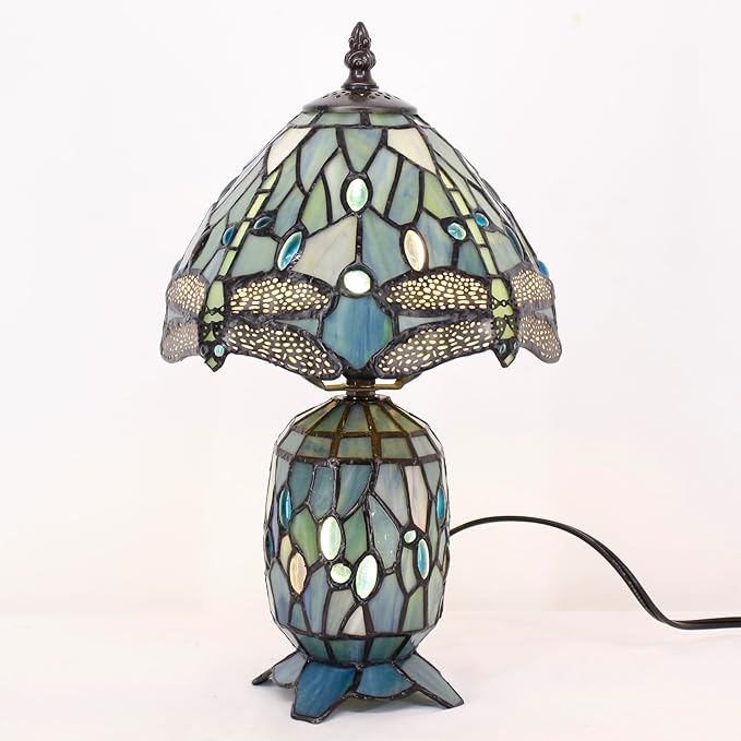 Small Tiffany Lamp Stained Glass Table Lamp Mini Mother Daughter Vase Desk Accent Light for Bedroom Bedside Reading Home Antique Style Decor 8X14 Inches (Sea Blue Dragonfly) - Bloomnest
