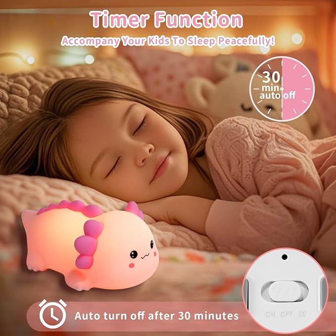Axolotl Silicone Nursery Night Light, Dimmable LED Animal Lamp with Timer,Cute Gifts Rechargeable Bedroom Bedside Lamp with Touch Sensor Toy for Kids (Axolotl B) - Bloomnest