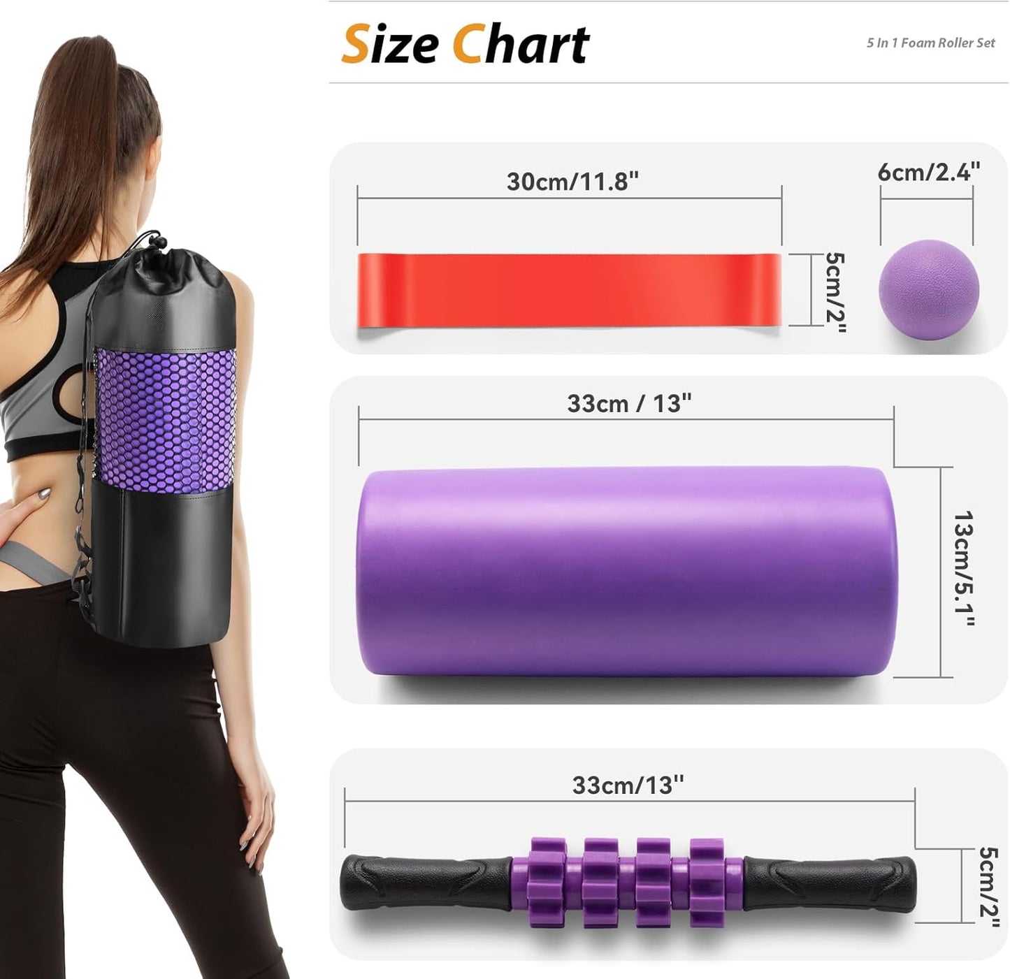 5 in 1 Foam Roller Set - Trigger Point Foam Back Roller, Muscle Roller Stick, Massage Ball, Stretching Band for Deep Muscle Massage Pilates Yoga,Fitness Exercise for Whole Body Release (Purple)