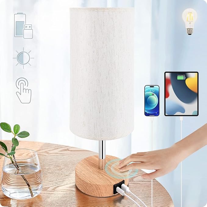 Yarra-Decor Bedside Lamp with USB A+C Port - Touch Control Table Lamp for Bedroom Wood 3 Way Dimmable Nightstand Lamp with Round Flaxen Fabric Shade for Home Office (LED Bulb Included) - Bloomnest