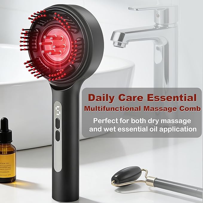 Electric Scalp Massager with Oil Applicator, 3-in-1 Head Massager Brush for Hair Care, Red Light Therapy, IPX7 Waterproof, Scalp Care Device for Home & Travel, Black Bloomnest