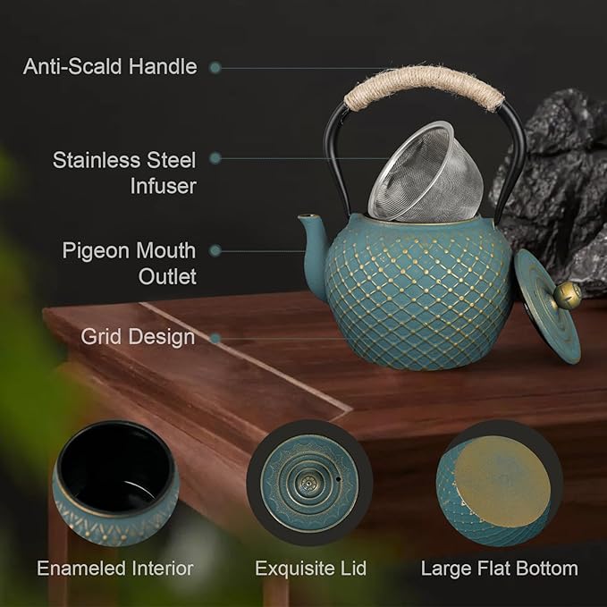 Ufine Japanese Style Cast Iron Teapot for Stove Top with Stainless Steel Infuser Loose Leaf Tetsubin Grid Design Blue Tea Kettle 40oz/1200ml - Bloomnest