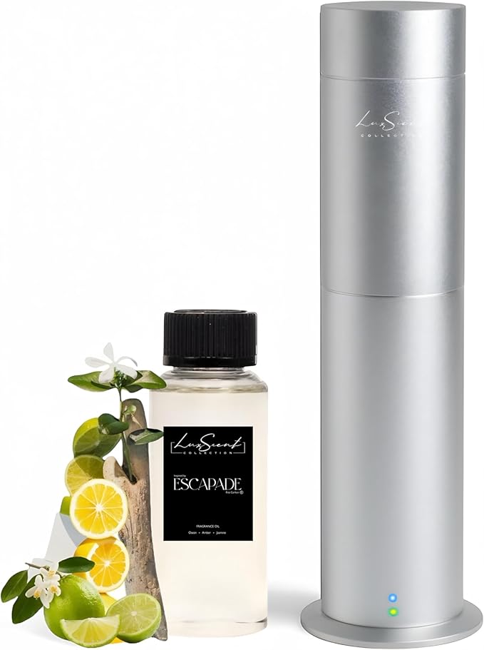 Aroma Scent Diffuser Starter Kit for Up to 1000SQ. FT. Coverage - 120ML Waterless Essential Oil Scent Included - Luxury Aroma Diffuser Ideal for Home, Office & Hotel (Silver, Escapade) - Bloomnest
