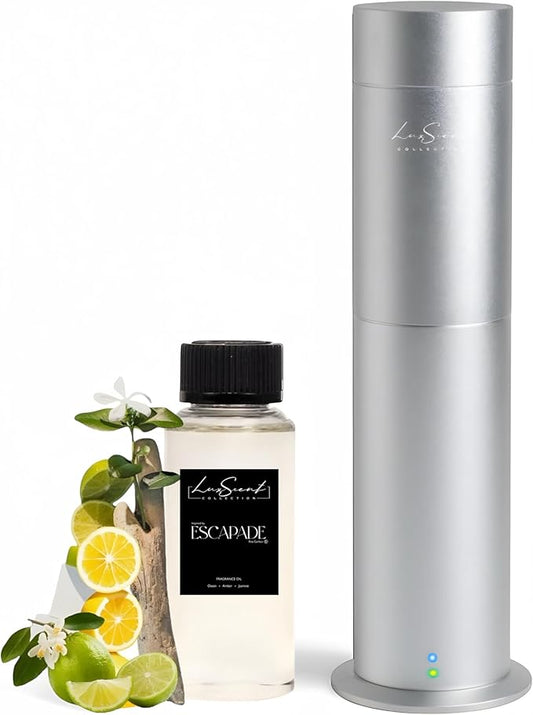Aroma Scent Diffuser Starter Kit for Up to 1000SQ. FT. Coverage - 120ML Waterless Essential Oil Scent Included - Luxury Aroma Diffuser Ideal for Home, Office & Hotel (Silver, Escapade) - Bloomnest