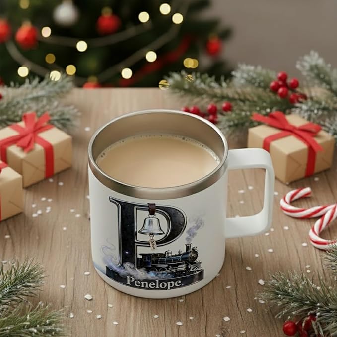 Personalized Polar Express Mug with Believe Bell & Custom Name - 14oz Insulated Hot Chocolate Tumbler with Lid - Magical Christmas Train Gift for Kids, Family (B69) - Bloomnest