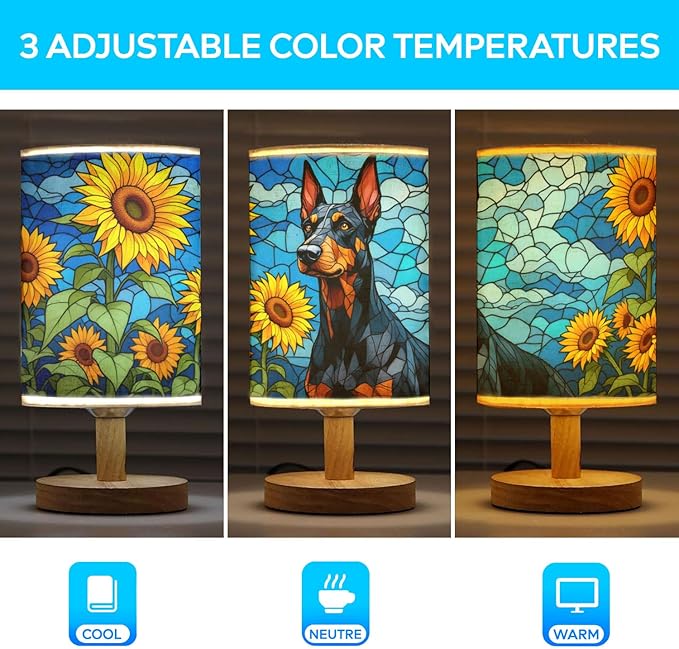 Doberman Table Lamp LED 3-Color Pressed Bedside, Dog Shade Lamp with Wood Base for Bedroom Living Room Desk Office - Bloomnest