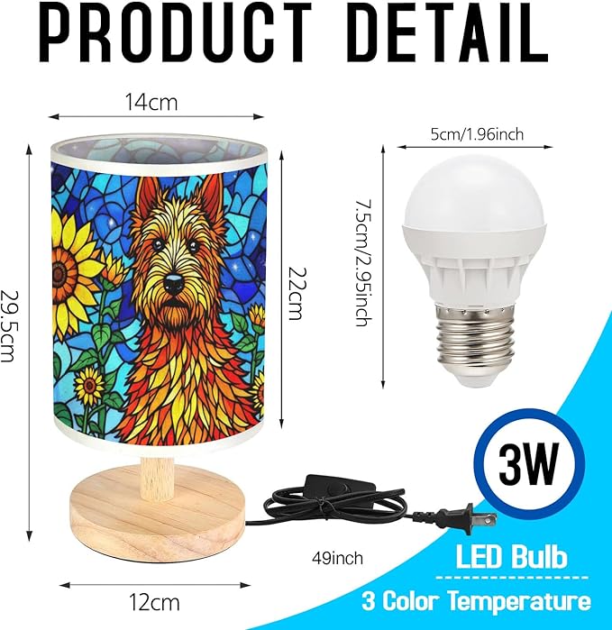 Irish Terrier Table Lamp LED 3-Color Pressed Bedside, Dog Shade Lamp with Wood Base for Bedroom Living Room Desk Office - Bloomnest