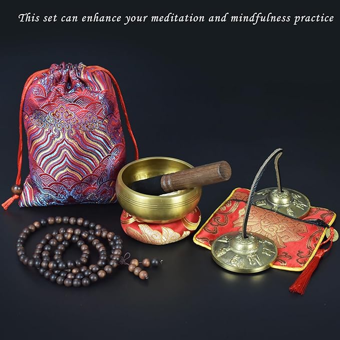 Artcome 7PCS Tibetan Meditation Set - Tibetan Singing Bowl & Tibetan Tingsha Cymbals Bells Handmade in Nepal for Meditation, Yoga, Tranquility, Relaxation, Chakra Healing, Stress Relief & Mindfulness - Bloomnest