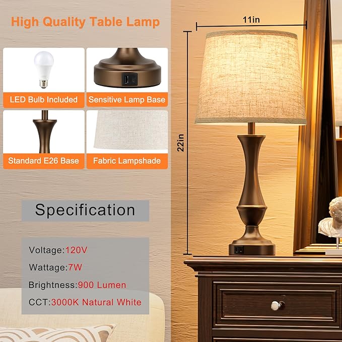 Seealle Upgraded Touch Lamps for Night Stands Set of 2 - Bedside Lamps with USB C+A, 3 Way Dimmable for Bedroom Living Room End Tables Office (Beige& Brown) - Bloomnest