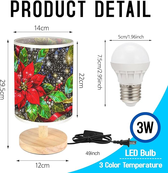 Holly Table Lamp LED 3-Color Pressed Bedside for Merry Christmas, Holly Shade Christmas Table Lamp with Wood Base for Bedroom Living Room Desk Office - Bloomnest