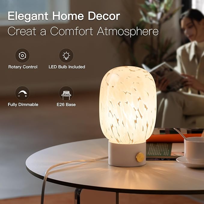 ONEWISH Table Lamp for Bedroom Nightstand,Bedside Lamp Translucent Glass Stepless Dimmable,Vintage Glass Lamp Murano Aesthetic Home Decor with Bulb for Living Room Kitchen Mother's Day - Bloomnest