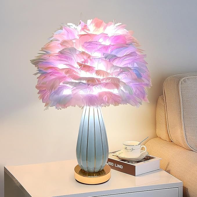 Colorful Feather Lamp Modern Fuzzy Table Lamp Romantic Rainbow Bedside Lamp Nordic Fluffy Princess Nightstand Light for Girl Bedroom Living Room Entry Office Wedding Decor Christmas Gift - Bloomnest