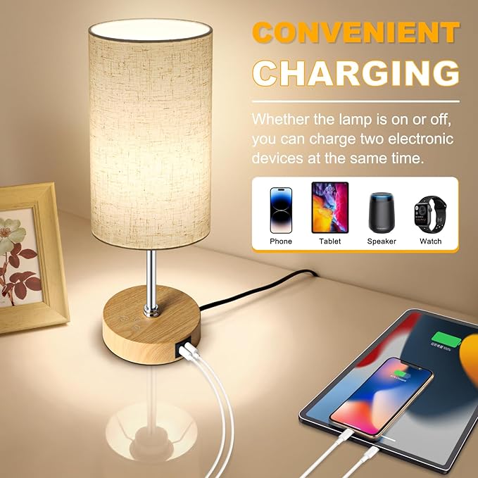 Unicozin Small Table Lamp, 3CCT & 7 RGB Color Changing, Dimmable Nightstand Lamp with Wood Grain Base, Touch Bedsides Lamp for Bedroom, Office, Kids Room, Nursery, Party, Beige Shade - Bloomnest