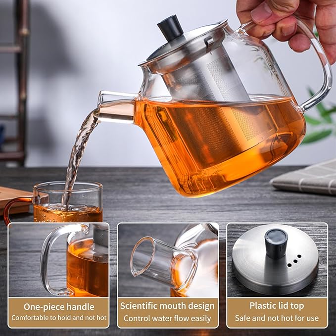 50OZ Glass Teapot With Infuser, Tea Pot for Stove Top, 1500ML Glass Tea Cup With Infuser and Lid, Microwave and Dishwasher Safe - Bloomnest