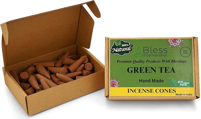 Bless International Green-Tea 100%-Natural-Incense-Cones Handmade-Hand-Dipped Organic-Chemicals-Free for-Purification-Relaxation-Positivity-Yoga-Meditation The-Best-scents (60 Count)
