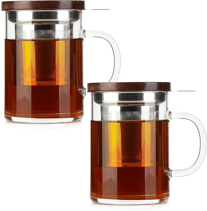 COMI Tea Cup with Infuser Walnut Lid&Handle, Glass Tea Cups with Wide Mouth Extra Large Capacity, Stainless Steel Tea Infuser Mug for Loose Leaf Tea Steeping(2PCS,14oz/400ml) - Bloomnest