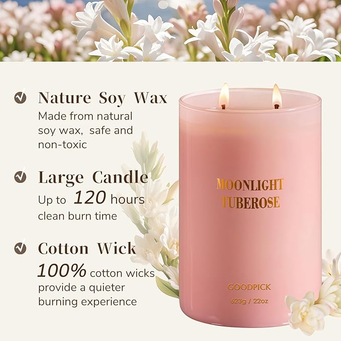 Goodpick Candles for Women, Tuberose Soy Candles for Home Scented, Large Candle for Warmer Lamp, 22oz 120 Hour, Pink - Bloomnest