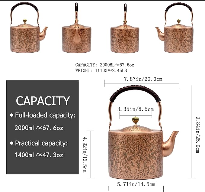 67.6oz Copper Teapot, Tea Kettle For Stovetop Safe, Classic Non-Coating Pure Copper Tea Set with Stainless Steel Tea Ball For Loose Leaf, Large and Solid Tea Pot For 4-6 Cups (2000ml) - Bloomnest