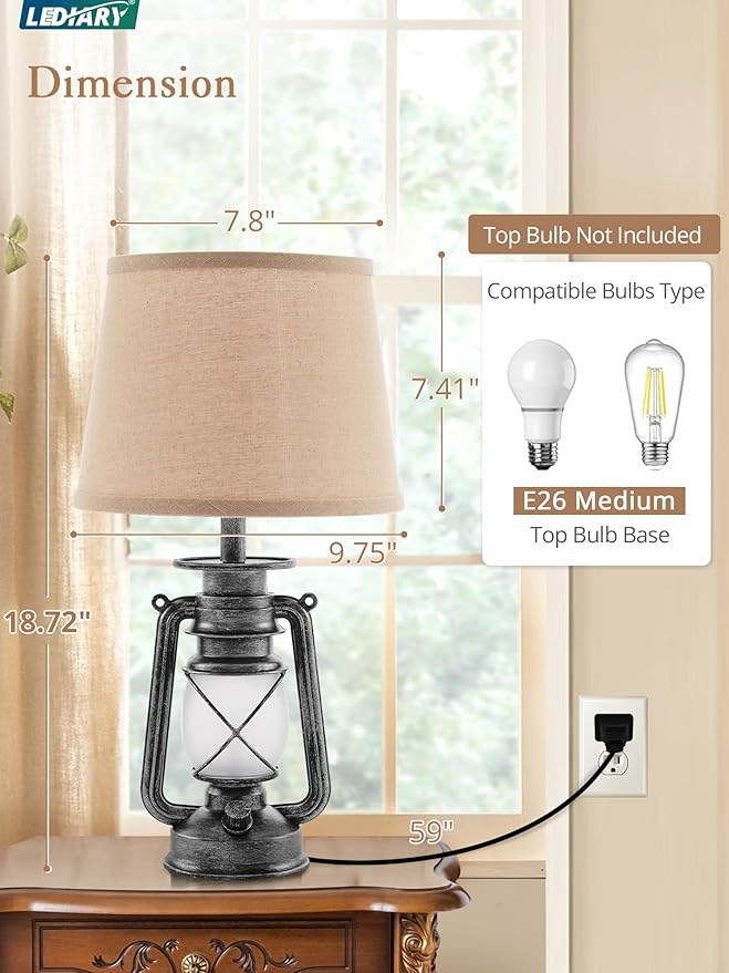 LEDIARY 18.72" Sliver LED Lantern Flickering Flame Table Lamps for Bedrooms Set of 2, Small Farmhouse Rustic End Table Lamps, Halloween Decorative Lantern Bedside Lamps for Living Room - Bloomnest