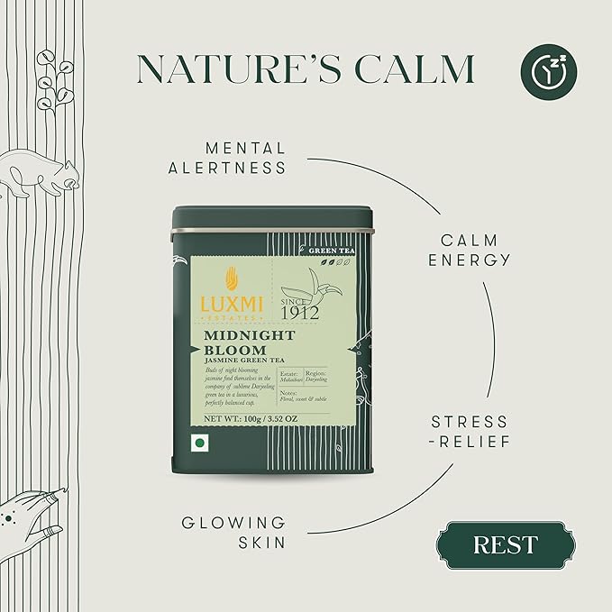 Luxmi Estates, Midnight Bloom, Organic Jasmine Tea (Loose Leaf 100g) Jasmine and Darjeeling Green Tea for Energy with no Jitters, Natural Aid Relieve Stress, Improved Mental Clarity and Immunity - Bloomnest