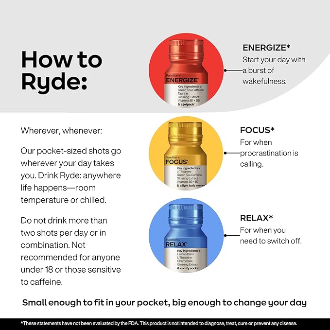 Ryde: Relax Shot | Raspberry Flavor | Lemon Balm, L-Theanine, Ginseng & Chamomile | 0 Calories, 0 Sugar | 2 FL OZ Shots | Helps You Relax* (8 Pack) - Bloomnest