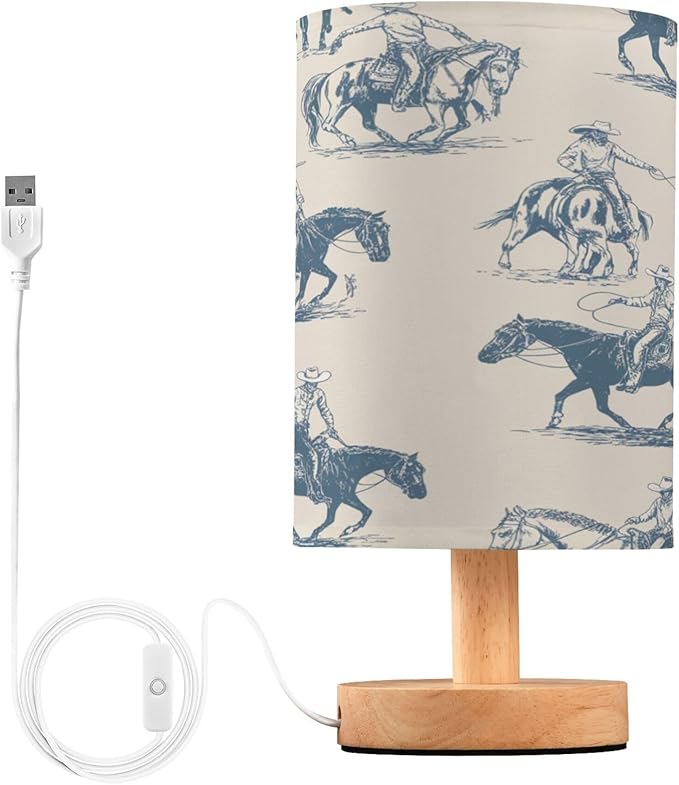 Western Cowboys Blue LED Table Lamp with USB Port Night Light Bedroom Lamps for Nightstand Living Room Dorm Home Office Desk - Bloomnest