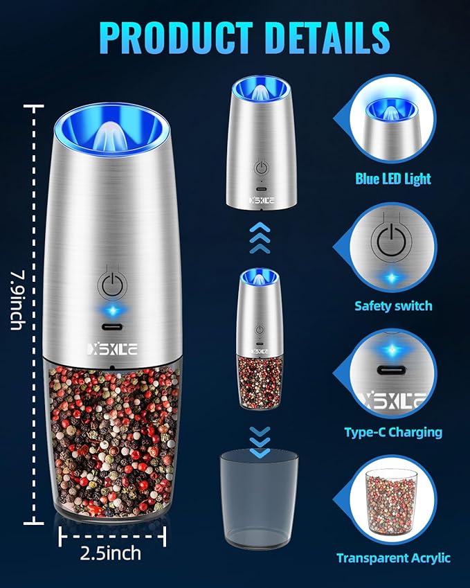 Rechargeable Electric Pepper and Salt Grinder Set, No Battery Needed, whit Gravity Sensing Switch and LED Light, One Hand Automatic Operation, Sliver, 2 Pack - Bloomnest