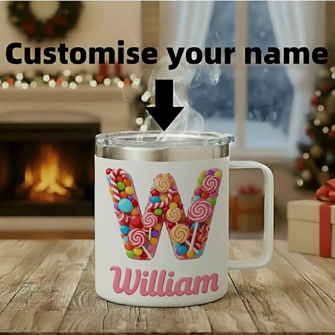 Personalized Kids Mug with Name, 12oz Insulated Tumbler with Handle, Custom Candy Initial Cup, Cute Birthday Christmas Gift for Girls, Boys, Her, Stocking Stuffer (B03) - Bloomnest