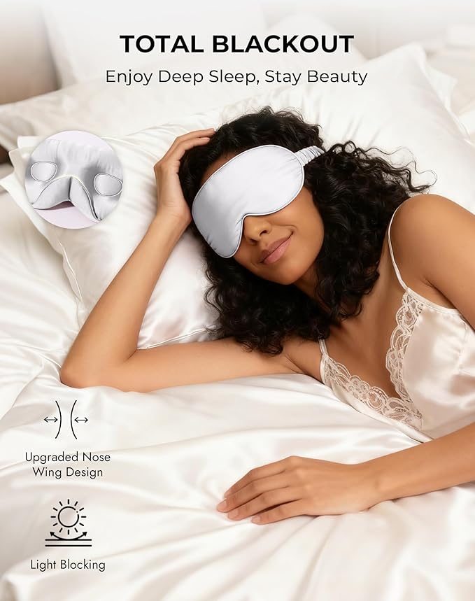 SilkSilky 100% 22 Momme Mulberry Silk Sleep Mask – Upgraded 3D Contoured Eye Mask with Nose Wing Pads & Adjustable Strap, Luxury Blackout Eye Cover for Women & Men (Light Gray) - Bloomnest
