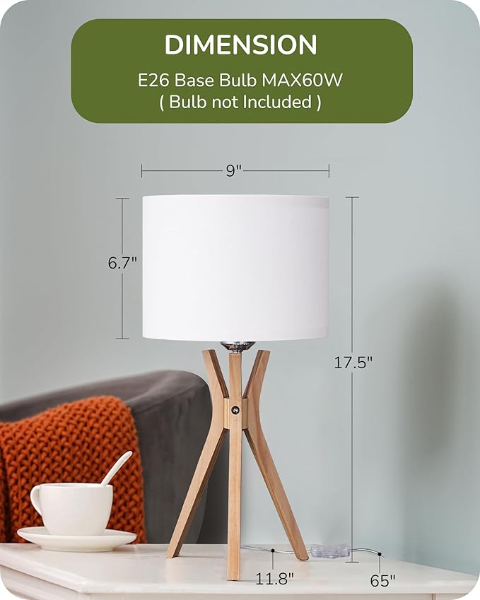 EDISHINE Modern Tripod Table Lamp, 17.5" Bedside Lamp with Natural Wood Light Legs & White Linen Lampshade, Nightstand Lamp for Bedroom, Living Room, Reading Room, E26 Base - Bloomnest