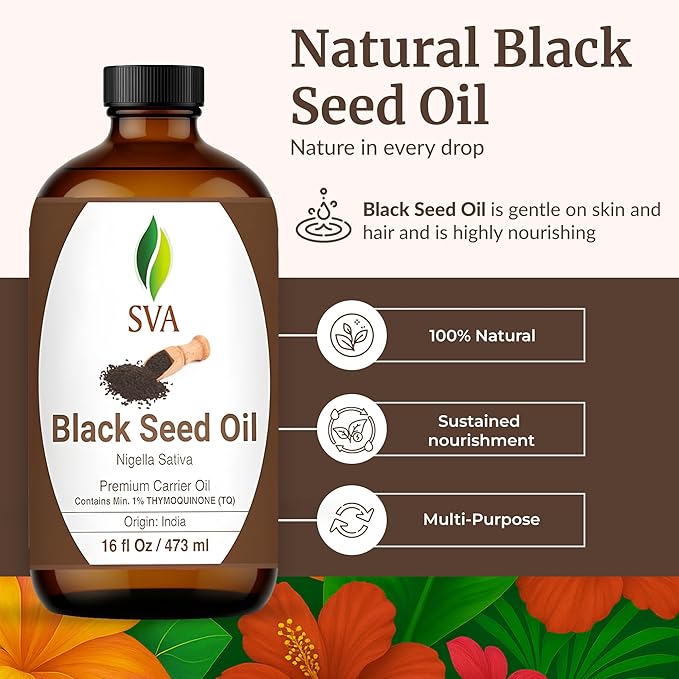 SVA Black Seed Oil - 16 Fl Oz – 100% Natural Cold Pressed Black Seed Oil - for Face, Skin Care, Hair Care, Scalp Massage & Body Massage – Carrier Oil - Bloomnest