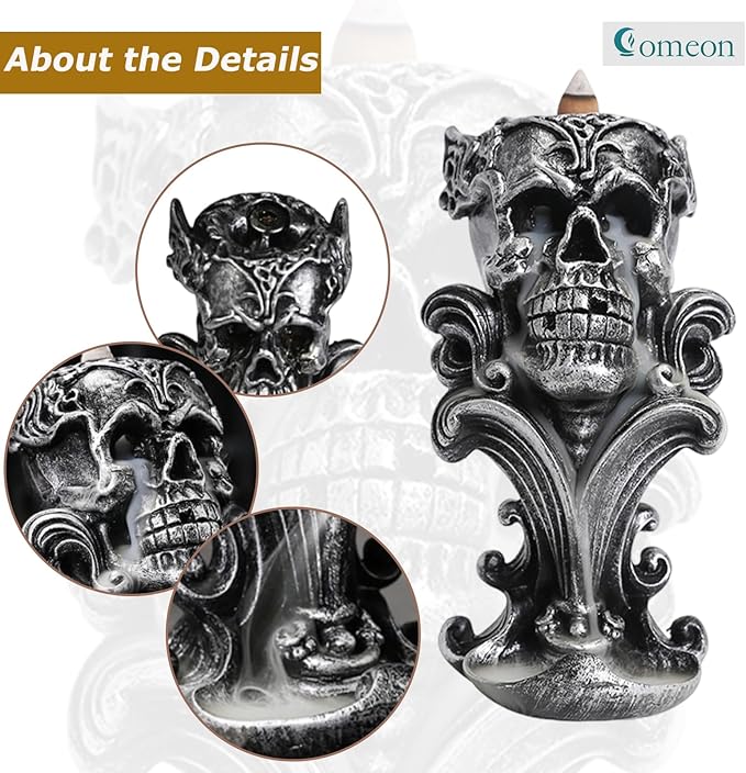 Comeon Backflow Incense Holder Burner Resin Skull Incense Burner Waterfall Incense Burner Home Decor + 20 Backflow Incense Cones + 30 Incense Sticks +1 Tweezer +1 Mat（Metallic Silver） - Bloomnest