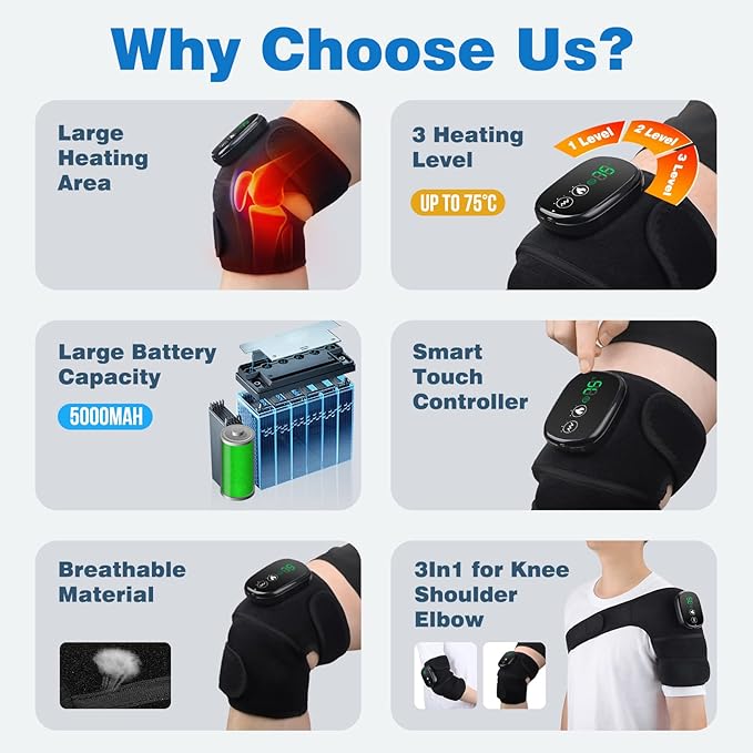 Knee Massager with Heat and Vibration, Cordless Knee Heating Pad Shoulder Brace, Heated Knee Elbow Shoulder Brace Wrap for Arthritis (Pack of 2 Black) - Bloomnest