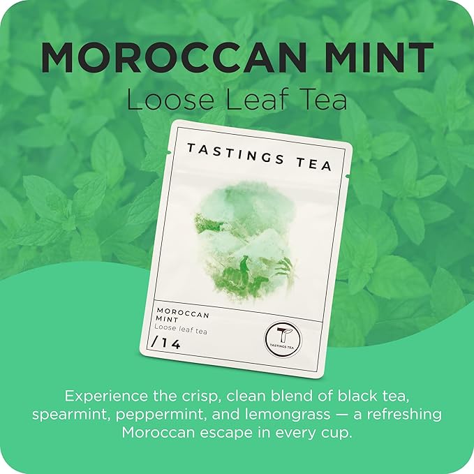 Tastings Tea Moroccan Mint Loose Leaf, 2 oz | Chinese Green Tea & Peppermint Blend | Light Caffeine | Crisp & Refreshing for Natural Digestion | Small Batch & Sustainably Sourced | Resealable Pouch - Bloomnest