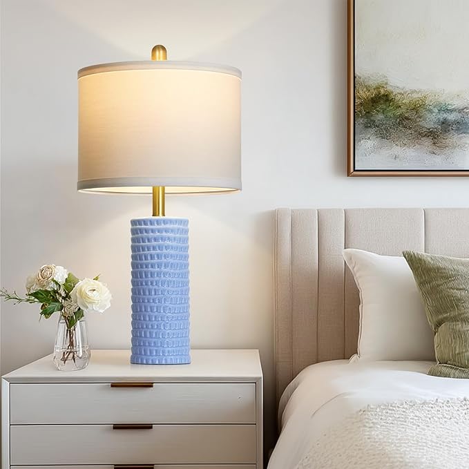24.5" Table Lamp Set of 2, Modern Ceramic Bedside Lamps for Night Stands, Classic Small Lamp Nightstand Lamp for Bedroom Living Room Desk End Table Rotary Switch Blue - Bloomnest