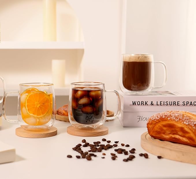 CNGLASS Large Double Wall Glass Coffee Mug 15.2oz,Clear Insulated Glass Espresso Cup with Big Handle,Clear Glass Espresso Mugs for Latte,Cappuccino,Tea Bag,Hot and Cold Beverages,set of 4 - Bloomnest