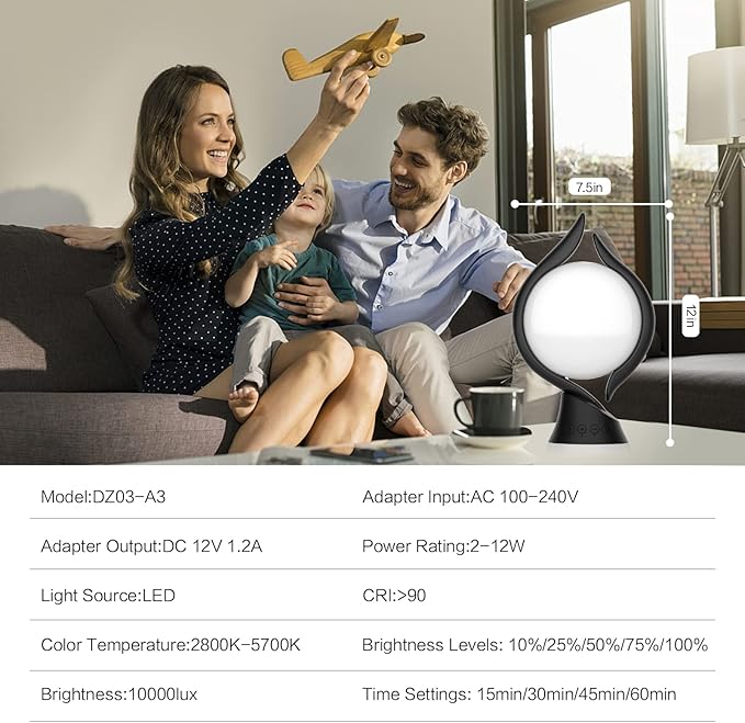 Voraiya Light Therapy Lamp 10000 Lux, UV-Free Therapy Light with 5 Brightness, 3 Color Temperature, 4 Timer, Memory Function, Full Spectrum, Bright Seasonal Sun Light Lamp for Bedroom, Office (Black) - Bloomnest