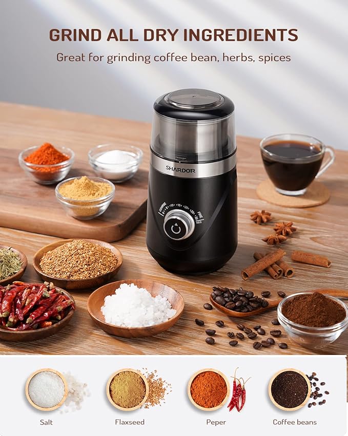SHARDOR Electric Super Silent Blade Coffee Grinder, Timed Grind Control Rotary Knob, Adjustable Coarse to Fine for Coffee Beans, Spices & Herbs, with 1 Removable Stainless Steel Bowl, Black - Bloomnest