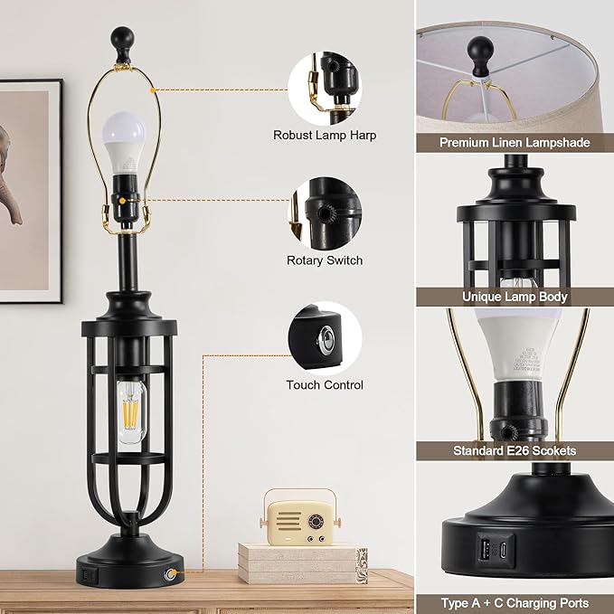 28" Table Lamps for Living Room Set of 2, Farmhouse Lamps for Night Stands with USB A+C, Bedside Lamps for Bedroom End Tables, Bulbs Included, Black - Bloomnest