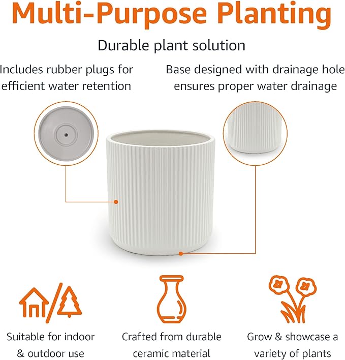 Amazon Basics Fluted Ceramic Round Planter, 8-inch, White - Bloomnest