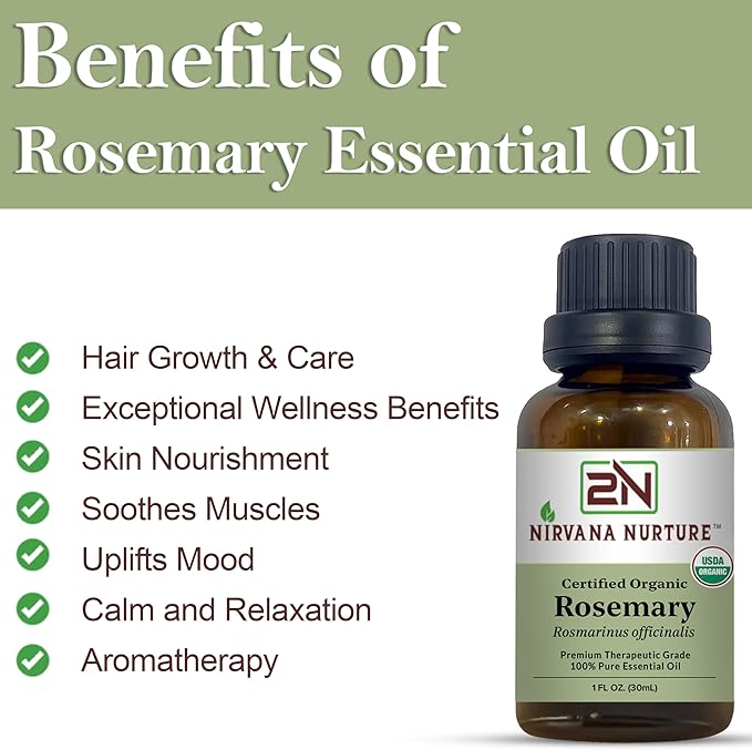 Rosemary Essential Oil, USDA Certified Organic, 100% Pure Undiluted, Aromatherapy Oil for Diffuser, Hair & Skin Care NirvanaNurture