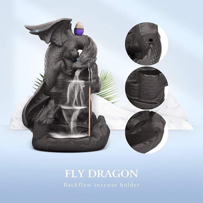 Ceramic Dragon Backflow Incense Holder Waterfall Incense Burner, Smoke Incense Holder, with 70 Backflow Incense Cones + 50 Incense Stick, 1 Mat, 1 Tweezers Home Decor (Brown-Light Dragon) - Bloomnest